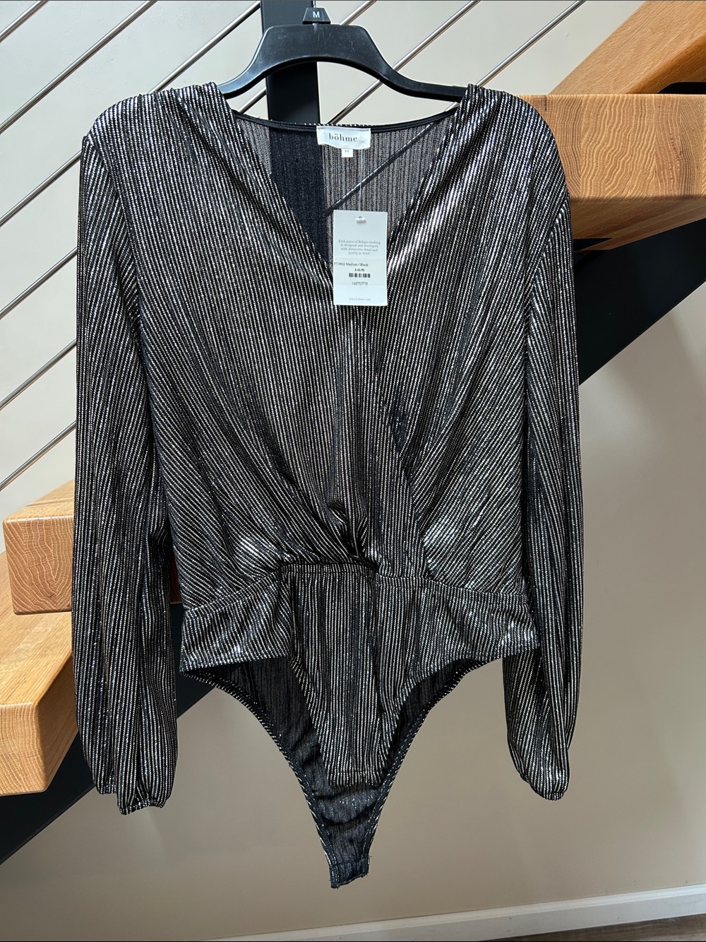 bohme Metallic Silver-Striped Black Long-Sleeve Twist-Front Bodysuit